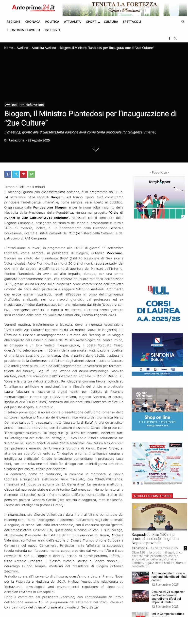 Biogem, Il Ministro Piantedosi per l’inaugurazione di “2ue Culture”